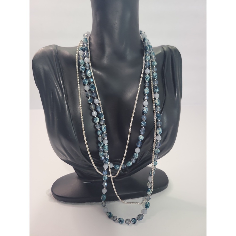 Blue White Gray Beaded Layered Necklace Silver Tone Chain Multi Strand